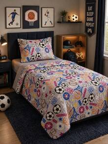 Double Print Children's Single Bedspread Set (2 Pieces) - Soccer - View 4