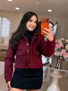 Women's Short Soft Bomber Jacket, Elegant With Front Buttons, Functional Pockets, Fitted Sleeves, Winter/Autumn Fashion, Casual Chic Look, Comfortable And Modern. - Burgundy - View 2