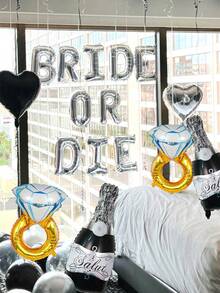 18件套婚礼派对装饰气球套装，包含16英寸银色“Bride Or Die”字母气球、黑银色心形气球和钻石戒指铝箔气球，适合用于表达坚定爱情、哥特式婚礼派对装饰、订婚派对、黑色系单身派对装饰、新娘送礼会、趣味单身派对、“Bride Or Die”主题婚礼订婚派对用品。 - 彩色 - 查看 2