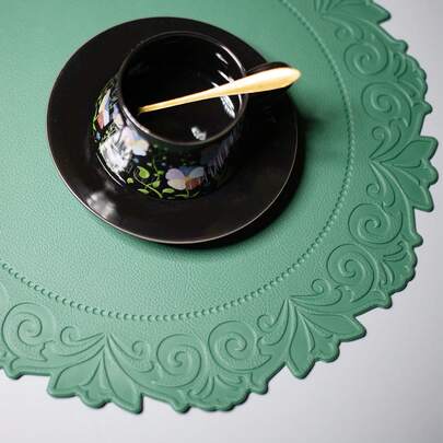 1pc/6pcs Black Vintage Lace Leather Placemat, Washable Round Heat Insulation Pad Suitable For Restaurant, Hotel, Home