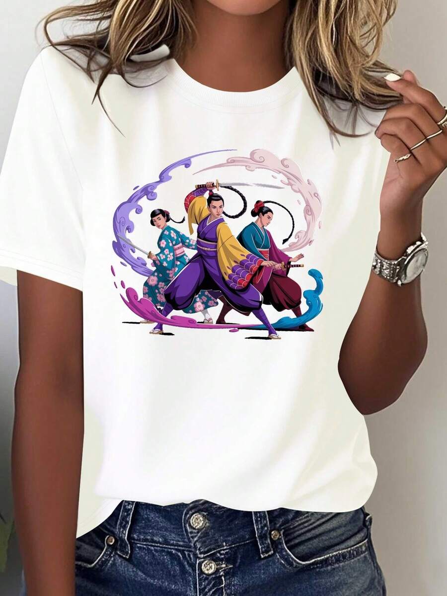 Camiseta de mujer estilo Yoaka Amano, guerreras japonesas, pura y cómoda
