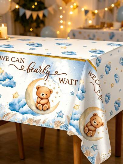 1pc Blue Bear Theme Tablecloth, Bear Babe Shower Party Table Cloth, 1st Birthday Party Decoration Table Cover, Gender Reveal Decor Table Runner, We Can Bearly Wait, B Oy Birthday Party Table Decoration Table Flag, Bear Disposable Waterproof Table Runner, Room Decor, Home Decor, Kitchen Supplies, Outdoor Camping Picnics, Wedding Decor, Birthday Gifts, Party Favors, Easy To Clean