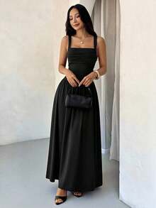 Vestido evasé de unicolor marrón café con cuello cuadrado elegante para mujer, primavera/verano - Negro - Ver 1