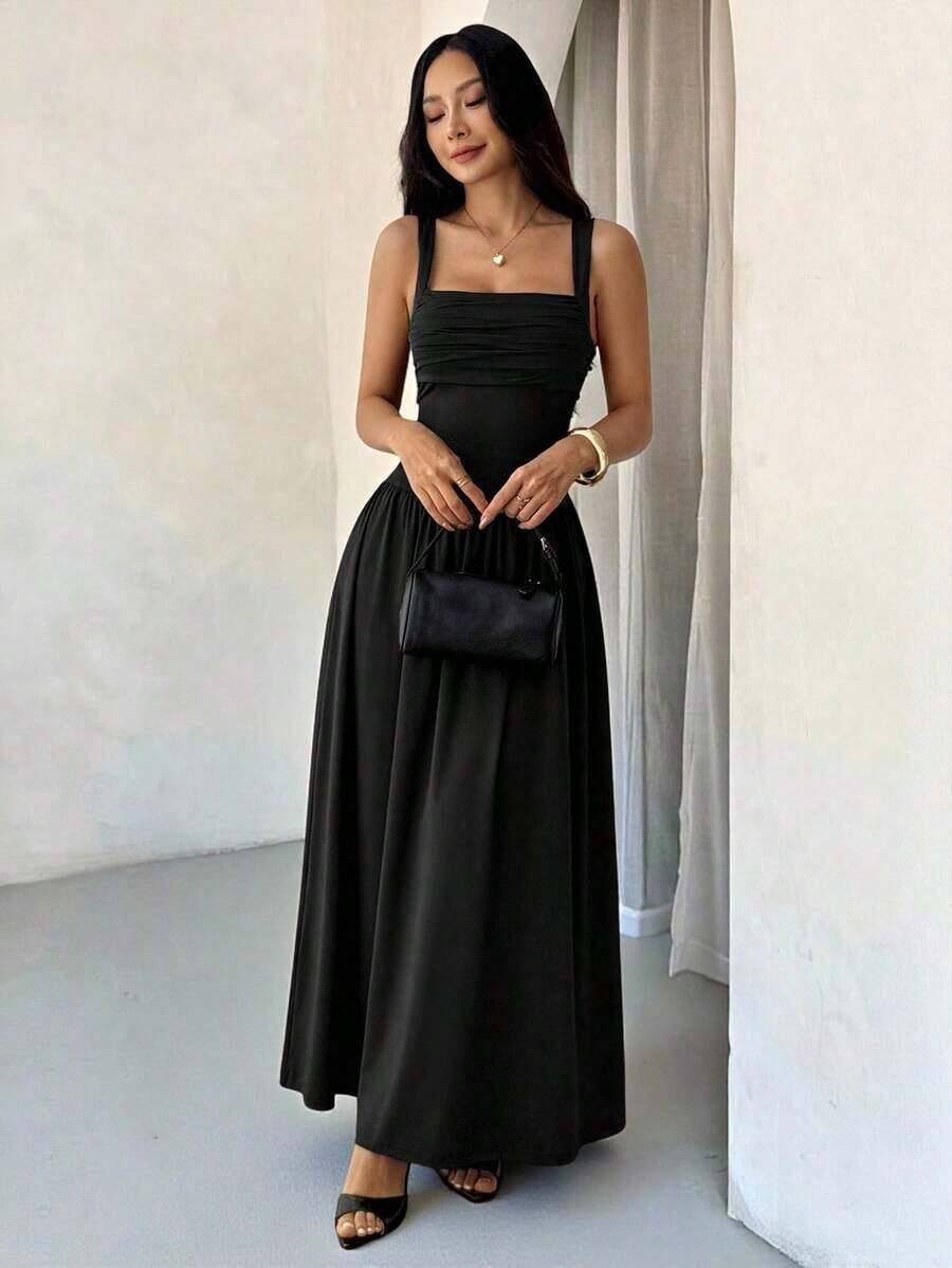 Vestido evasé de unicolor marrón café con cuello cuadrado elegante para mujer, primavera/verano - Negro - Ver 1