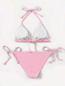 Swim Bikini de mujer de unicolor simple con nudo en el cuello y abertura, adecuado para vacaciones en la playa, verano - Multicolor - Ver 7