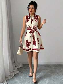 Elenzya Vestido corto sin mangas con botones delanteros y estampado vintage para vacaciones casual de mujer - Rojo - View 1