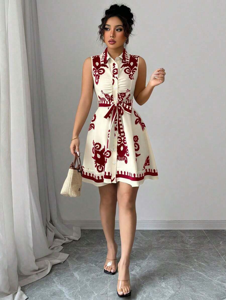 Elenzya Vestido corto sin mangas con botones delanteros y estampado vintage para vacaciones casual de mujer - Rojo - View 1