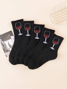 5/10 Pairs Women Socks, Minimalist Black White Wine Glass Graphic Casual Mid-Calf Socks, Versatile Solid Color, Spring/Summer - Multicolor - View 9