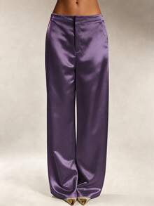 Pantalones de satén y seda de unicolor para mujer con bolsillos y cremallera, adecuados para vacaciones, oficina, brunch, atuendo de aeropuerto, todo el año Blanco Primavera - Morado - Ver 3