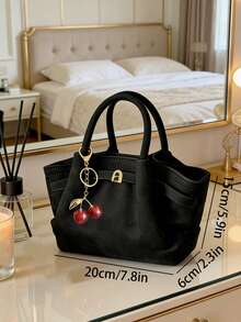 Tas Ember Kulit Suede Desain Niche Musim Gugur/Dingin Eropa dan Amerika dengan Tali, Tas Tangan Fashion Jalanan Wanita untuk Belanja, Bepergian, Pesta, Hadiah (Termasuk Liontin) - Hitam - View 6