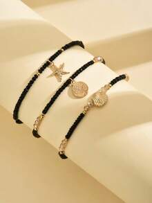 3pcs Fashionable Elegant Rice Bead Anklets, Colorful Beads, Starfish And Shell Charms, Stretchy Multi-Layer Beaded Anklets, Summer Beach Vacation Style, Daily And Holiday Accessories, Suitable For All Seasons (Bead Color Quantity Order Random) - JL04 Black - View 2