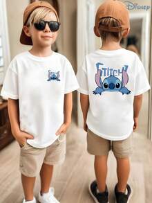 Boys' Disney Lilo & Stitch Peeking Stitch Double-Sided Graphic T-Shirt, Kids Cute Alien Tee, Soft Breathable Casual Top For Boys, Ideal For Everyday Wear, Playground, School, Theme Parks, Vacation & Outdoor Activities - 白色 - 查看 1