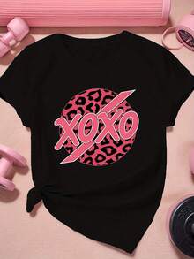 Unisex T-Shirt Made Of Pure Cotton, Pink Leopard Print Circle, Women's Sports Short-Sleeved T-Shirt, Summer T-Shirt, Blouse, Basic Tops, Tops, Creative Design, Outdoor Play, Cool Style, Fun Design, Great For Outdoor Play, Creative Design, Outdoor Play, Cool Style, Fun Design, Great For Outdoor Play - Black - View 1
