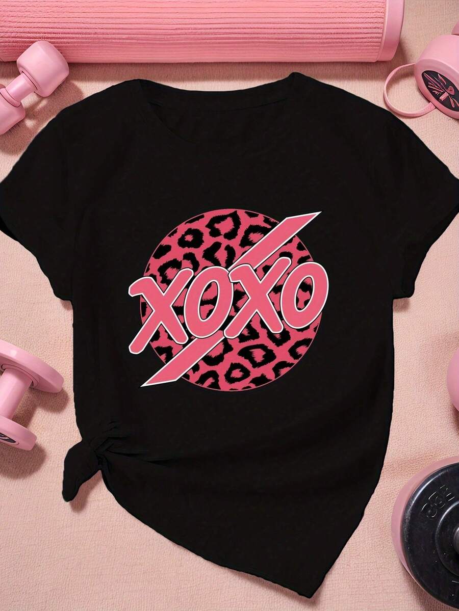 Unisex T-Shirt Made Of Pure Cotton, Pink Leopard Print Circle, Women's Sports Short-Sleeved T-Shirt, Summer T-Shirt, Blouse, Basic Tops, Tops, Creative Design, Outdoor Play, Cool Style, Fun Design, Great For Outdoor Play, Creative Design, Outdoor Play, Cool Style, Fun Design, Great For Outdoor Play - Black - View 1