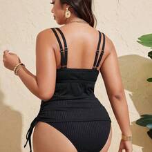Swim Lushore Plus Size Women Solid Color Textured Fabric Racerback Casual Swimsuit - Negro - Ver 3
