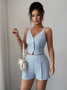 de 2 piezas de top con botones delanteros y dobladillo con abertura + shorts de unicolor casual y de uso diario para mujer - Azul y blanco - Ver 4