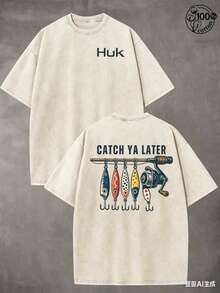 Summer Tops2026Retro "HUK" Fishing Pattern, CATCH YA LATER, Fishing T-Shirts, Men And Women's T-Shirts, Fall Clothes, 230G Wash Cotton High Quality Cotton Printed T-Shirts, Men Clothes, Suitable For Street Retro And Outdoor Sports And Leisure, Comfortable And Stylish, Y2k Clothes, Funny T-Shirts, Streetwear, Perfect Gift. Summer Clothes - Apricot - View 1