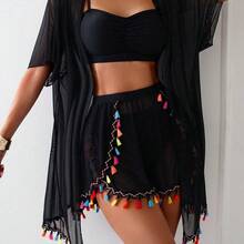 Swim Vcay 4pcs/Set Tassel Cover Up, Swim Trunks, And Basic Bikini Swimsuit Set For Beach Vacation For Summer - Beis - Ver 2