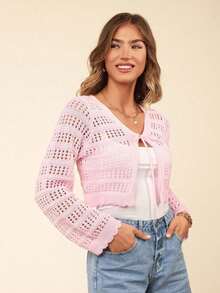 Cárdigan casual de mujer de unicolor con cuello en V y lazo delantero - Rosa - Ver 6