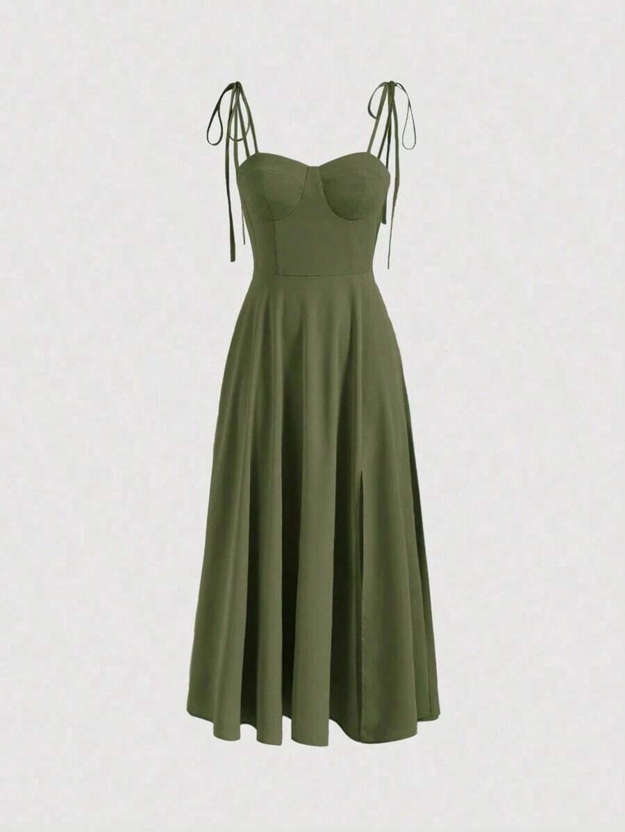 Vestido con abertura y lazo floral - Verde militar - Ver 1