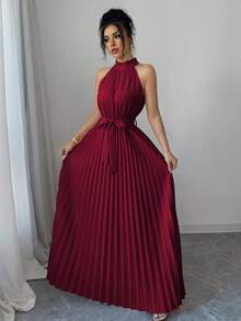 Vestido elegante de corte evasé para mujeres con cuello de volantes y cintura ceñida para el Día de San Valentín, romántico - Burdeos - Ver 5