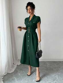 Vestido corto de verano para mujer con botones delanteros y mangas de murciélago - Verde Oscuro - Ver 6