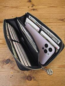 Plaid Solid Color Embroidered Long Wallet, 1pc PU Handheld Multi-Function Card Holder Pouch Delicate Zipper Coin Purse, Compact & Fashionable, Suitable For All Occasions, Holiday Gift - Black - View 3