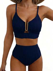 Conjunto de bikini de traje de baño de mujer con volantes, textura sólida y recortes huecos, separados, para vacaciones de playa en verano 2025 - Azul marino - Ver 4