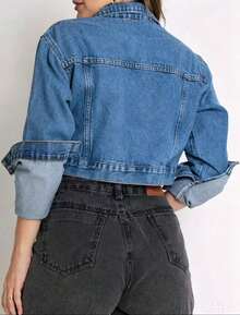 Women's Cropped Denim Jacket With Hem. - Blue - View 4