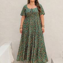 Bohemian Green Floral Print Tie-Front Flowy Hem Casual Plus Size Dress, Suitable For Easter Beach Outfit, Hawaiian Music Festival And Tropical Vacation Summer Elegant - Blanco - Ver 4