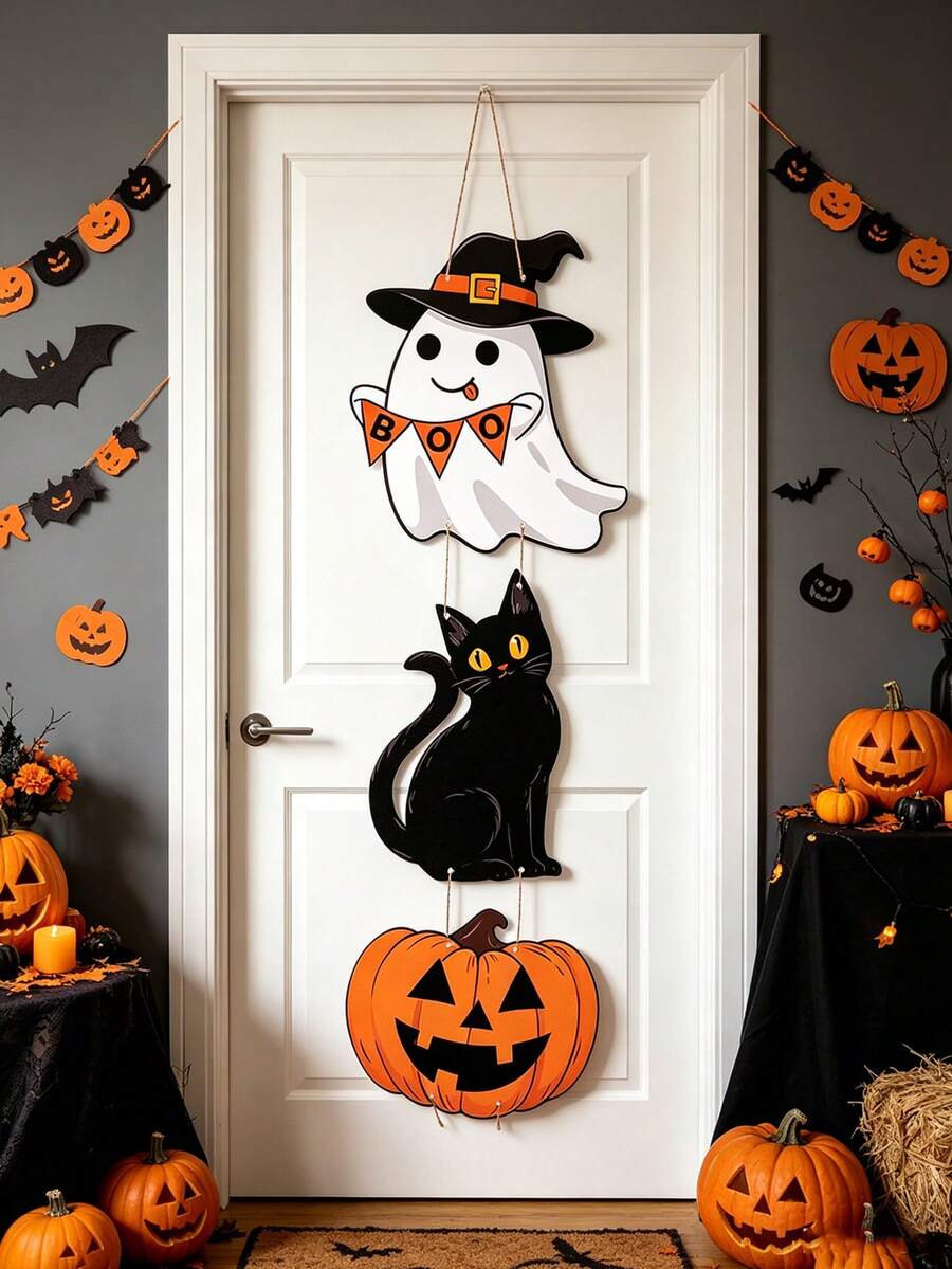 1Set Halloween Party Decoration Paper Door Hanging, Spooky Ghost Pumpkin Pattern Hanging Ornaments, Halloween Gift, Halloween Decoration,Halloween Party Supplies, Home Decor,Room Decor,Door Decor,Festive Decor,Festival Atmosphere Props - Multicolor - View 1