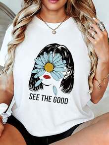 Camiseta de manga corta blancara mujer SEE THE GOOD - Prenda superior suave y transpirable con estampado de flor de margarita azul y eslogan positivo, camiseta casual de cuello redondo adecu para regalo de mamá, esposa, novia, atuendo casual de primavera, verano, otoño - Blanco - Ver 2
