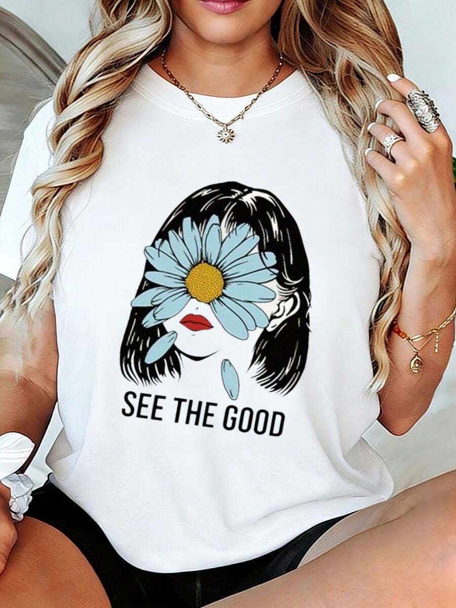 Camiseta de manga corta blancara mujer SEE THE GOOD - Prenda superior suave y transpirable con estampado de flor de margarita azul y eslogan positivo, camiseta casual de cuello redondo adecu para regalo de mamá, esposa, novia, atuendo casual de primavera, verano, otoño