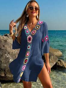 Swim Lushoire Vestido/Cubrecuerpo casual y holgado con estampado floral de ganchillo y cuello en V, manga 3/4, abertura lateral, color aleatorio, para mujer - Azul - Ver 1