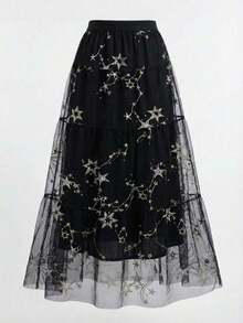 Nuevo estilo Falda maxi de cintura alta con lazo y doblones en el bajo, color sólido para mujer - Negro - Ver 6