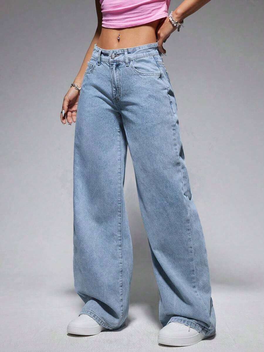 ICON Solid Color Wide Leg Pocket Jeans, Casual And Versatile - 淺色水洗 5 - 查看 1