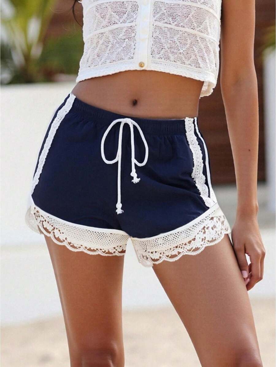 Women's Lace Trim Shorts Casual Loose Fit Stylish Drawstring Mid Rise Shorts For Summer - Blue - View 1