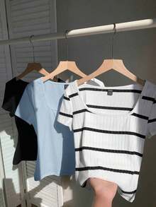 Set de 3 camisetas básicas de cuello redondo y manga corta para mujer, en negro y blanco - Azul - Ver 5