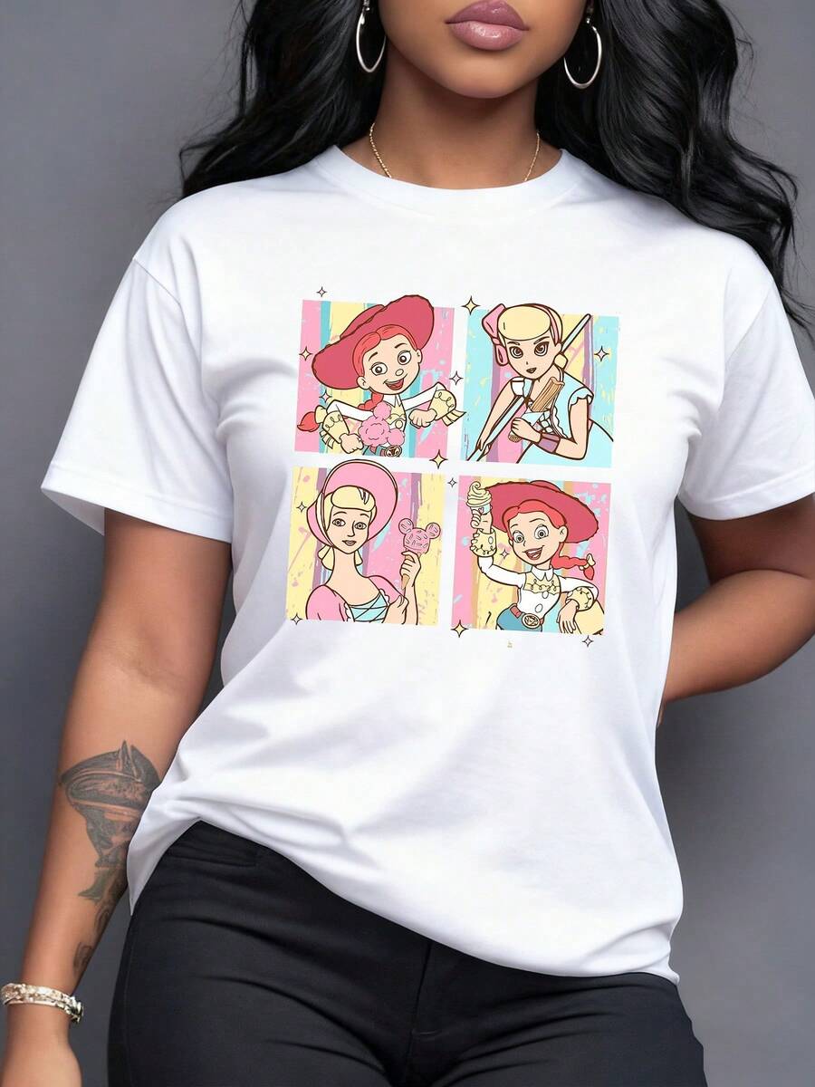Colorful Illustration Of A Cheerful Cowgirl Holding An Ice Cream Cone And Cotton Candy In Comic-Style Panels Representing Fun And Positive Energy. Women's Casual, Modern, And Comfortable T-Shirt - 白色 - 查看 1