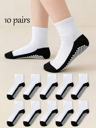 10 Pairs Classic Black & White Contrast Dot Grip Socks For Kids, Breathable Casual Ankle Socks For Boys & Girls, Suitable For Spring, Summer, Autumn