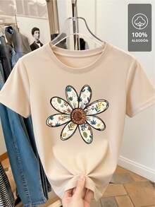 100% Cotton T-Shirt With Multicolor Floral Mandala - Light Beige - View 4