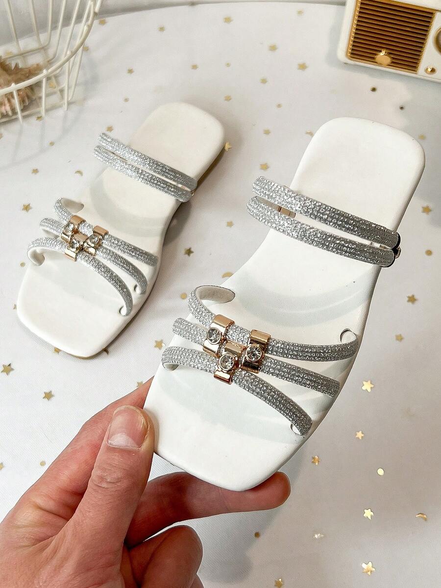 Kids' Rhinestone Multi-Strap Square Toe Flat Slide Sandals, Open Toe Slip-On Summer Casual Fashion Slides For Girls - White - View 1