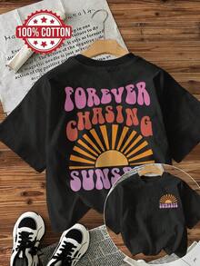 Women's Summer Tops: Short-Sleeved T-Shirt With A Round Neck, "Forever Chasing Sunsets" Print And A Sunburst Design On Both Sides. Cotton T-Shirt, Women's Top, Summer Tops. Cotton Jersey T-Shirt. - Black - View 1