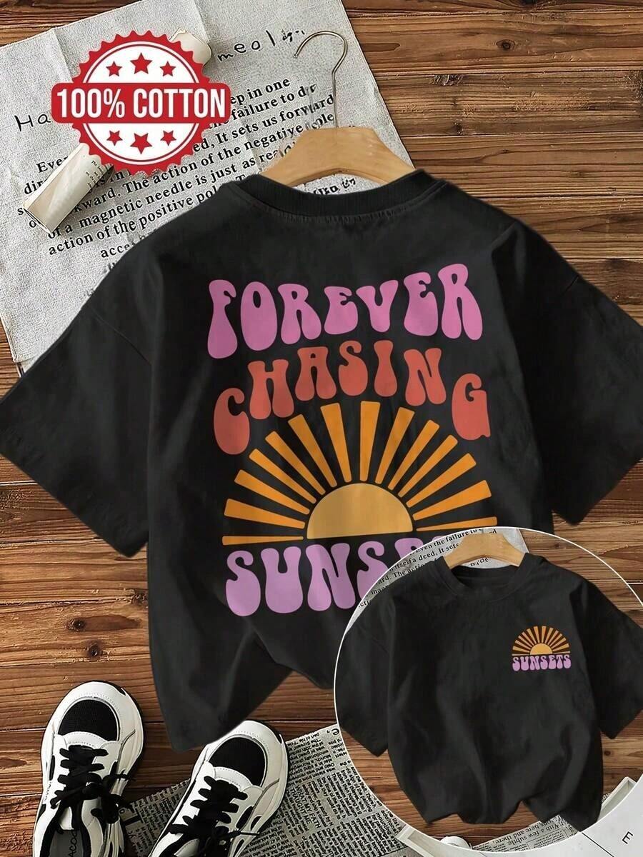 Women's Summer Tops: Short-Sleeved T-Shirt With A Round Neck, "Forever Chasing Sunsets" Print And A Sunburst Design On Both Sides. Cotton T-Shirt, Women's Top, Summer Tops. Cotton Jersey T-Shirt. - Black - View 1