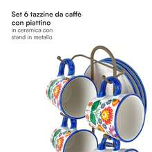 Ensemble de tasses en céramique décorées Baroni Home avec soucoupes et support, accessoire de cuisine coloré et résistant, collection Flora Line, 15 x 13 x 29 cm - Set tazzine - Voir 4