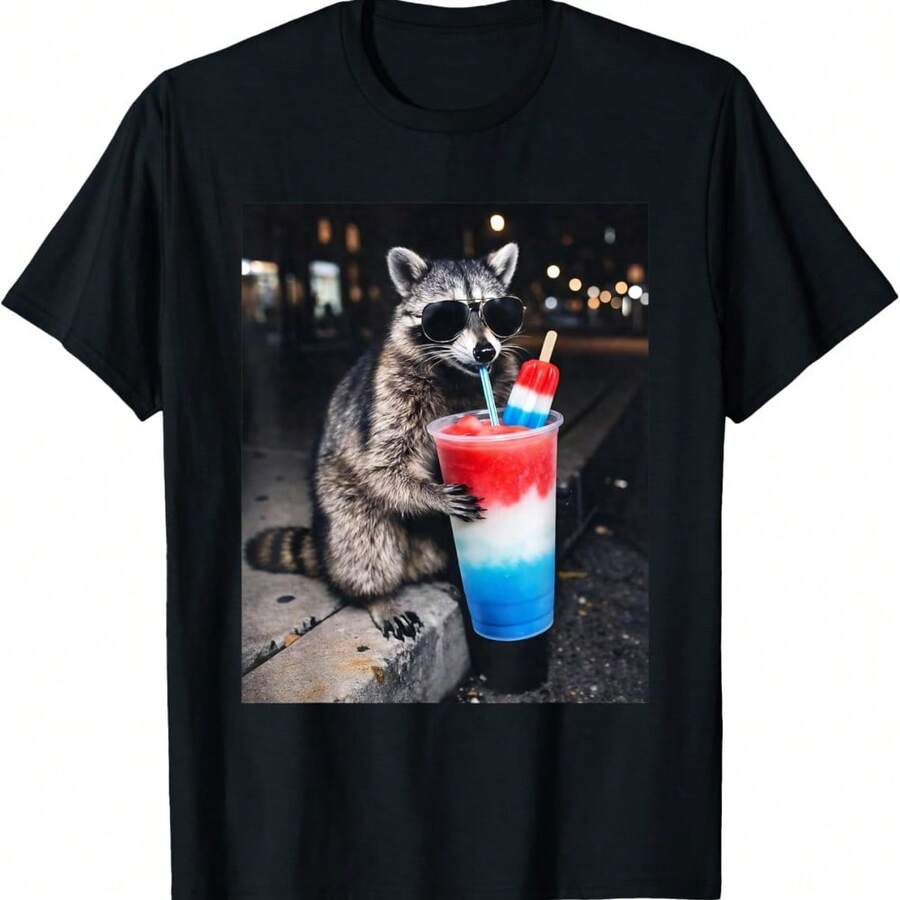 4th Of July Raccoon Drinking Patriotic Slushie Popsicle Meme T-Shirt - 黑色 - 查看 1
