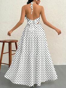 Vestido de gasa con cuello halter y espalda descubierta con nudo para mujeres, ideal para resort, boda y eventos - Blanco - Ver 3