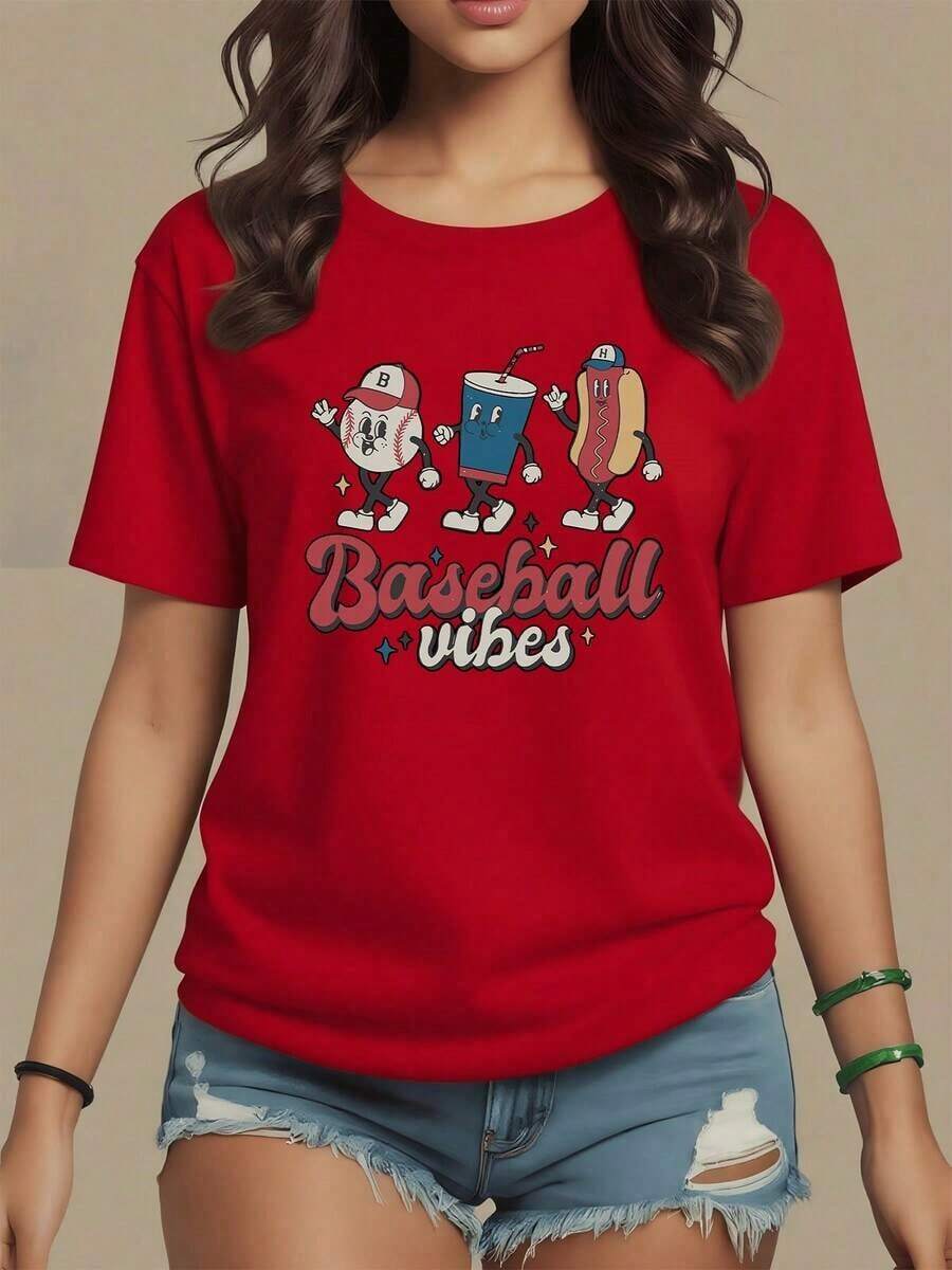 Cheerful Graphic With Baseball, Soda And Hot Dog Celebrating Festive Moments Of Togetherness As A Family, Women's T-Shirt, 100% Soft Cotton, Comfortable For Christmas, Maija Women. - 紅色 - 查看 1