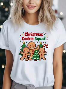 Women's Summersummer T-Shirt With Christmas Cookie Cluster Print - Short Sleeve, Round Neck, Casual Style, Festive Gingerbread Print, Semi-Sheer, Comfortable For All Seasons, Machine Washable Festive Clothing, Lightweight Design, Comfortable Casual Wear, Y2Y Spring Sets For Women, Summer Clothes, Summer T-Shirts, Tops | Exquisite Design | Loose And Comfortable | Easy To Match | - 白色 - 查看 1