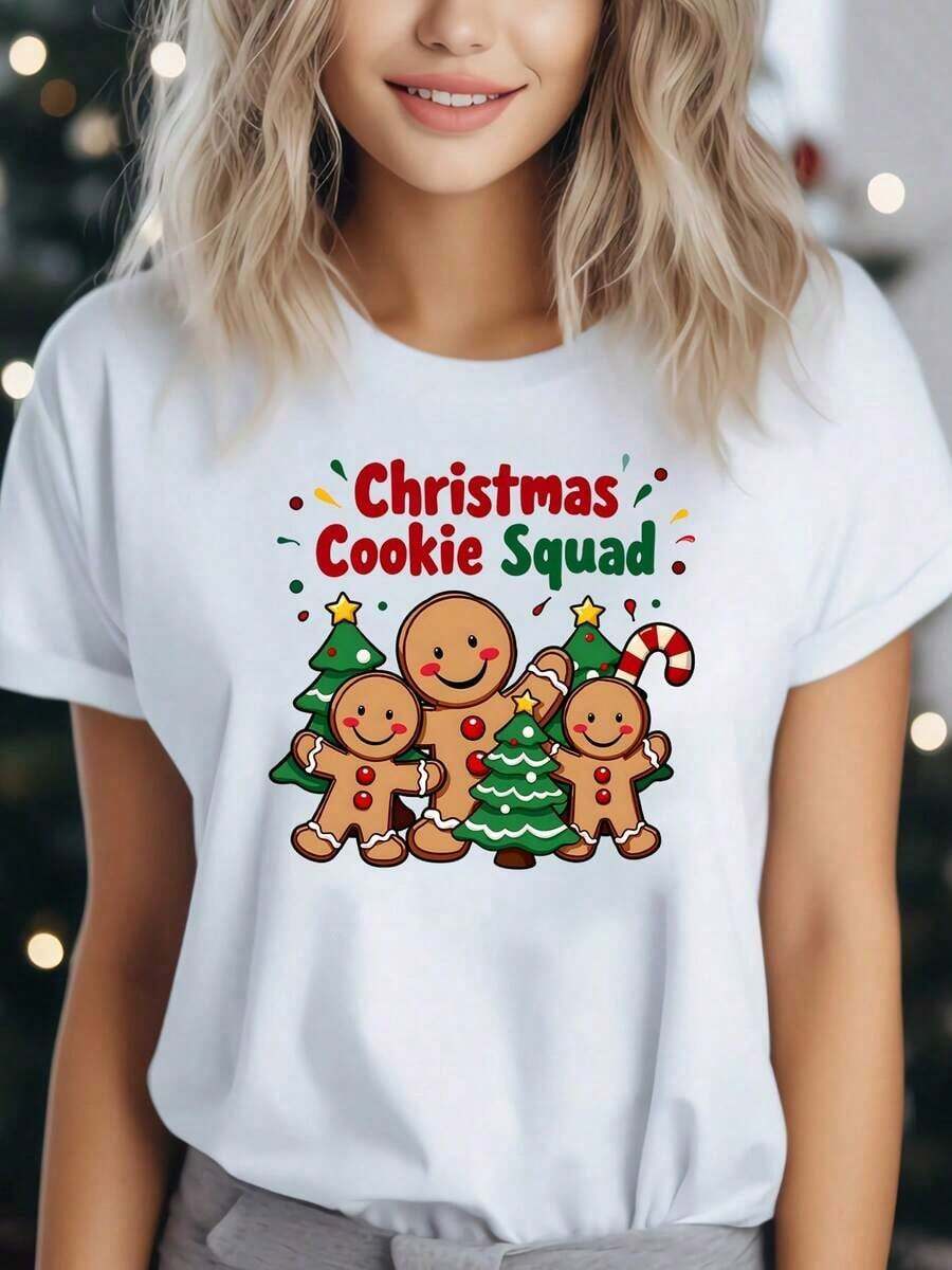 Women's Summersummer T-Shirt With Christmas Cookie Cluster Print - Short Sleeve, Round Neck, Casual Style, Festive Gingerbread Print, Semi-Sheer, Comfortable For All Seasons, Machine Washable Festive Clothing, Lightweight Design, Comfortable Casual Wear, Y2Y Spring Sets For Women, Summer Clothes, Summer T-Shirts, Tops | Exquisite Design | Loose And Comfortable | Easy To Match | - 白色 - 查看 1
